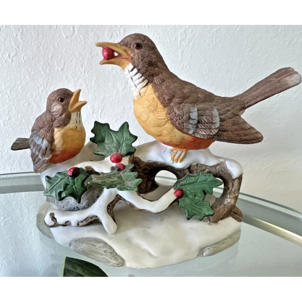 Vintage Taiwan Ceramic Bird Figurine Parent Feeding Baby Bird Holly Snow